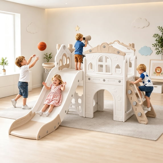 9-in-1 Toddler Slide Playset – Indoor/Outdoor Activity Center with Basketball Hoop, Soccer Goal & Storage for Ages 1-3