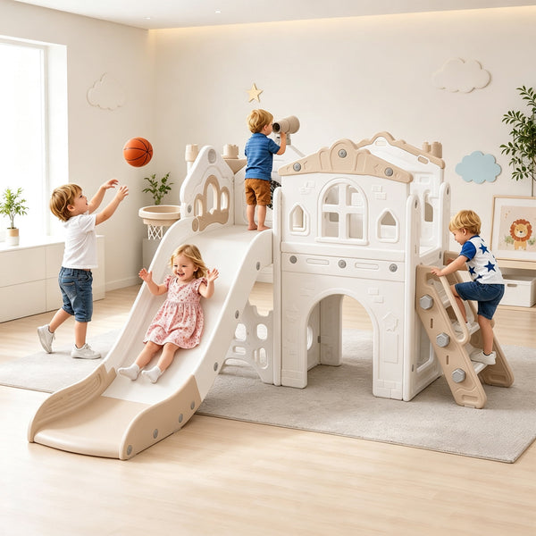 9-in-1 Toddler Slide Playset – Indoor/Outdoor Activity Center with Basketball Hoop, Soccer Goal & Storage for Ages 1-3