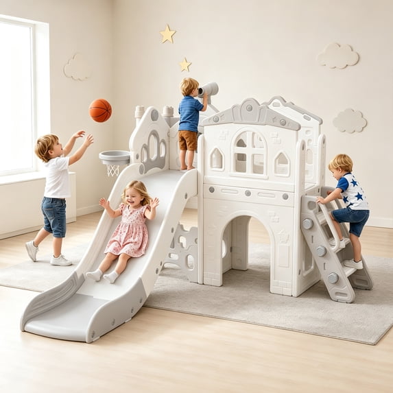 9-in-1 Toddler Slide Playset – Indoor/Outdoor Activity Center with Basketball Hoop, Soccer Goal & Storage for Ages 1-3