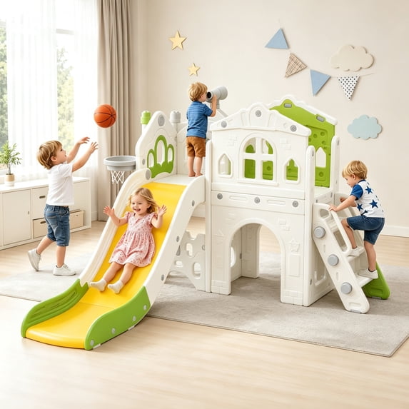 9-in-1 Toddler Slide Playset – Indoor/Outdoor Activity Center with Basketball Hoop, Soccer Goal & Storage for Ages 1-3