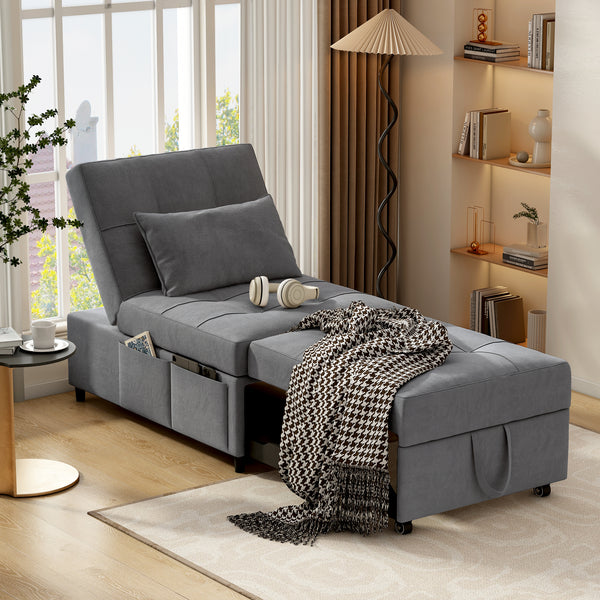 yndee Convertible Sofa Bed, Modern Soft Velvet Pull Out Sofa Bed with Throw Pillow, Adjustable Backrest