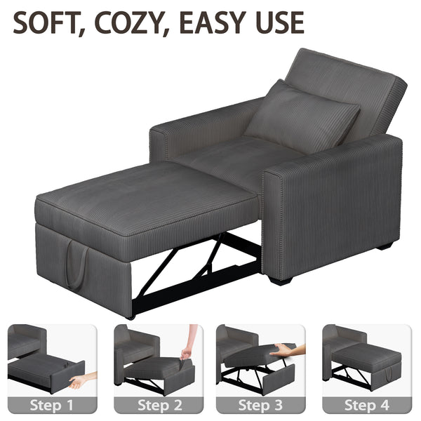 Sleeper Chair, 3 in 1 Convertible Sofa Bed, Adjustable Pull Out Sofa Bed with Throw Pillow, Modern Soft Corduroy Fabric Sofa Sleeper for Single, Living Room, Dorm, Office, Bedroom