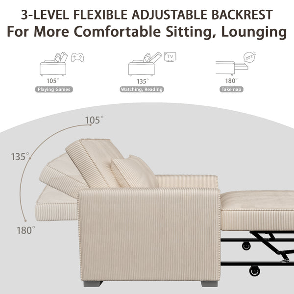 Sleeper Chair, 3 in 1 Convertible Sofa Bed, Adjustable Pull Out Sofa Bed with Throw Pillow, Modern Soft Corduroy Fabric Sofa Sleeper for Single, Living Room, Dorm, Office, Bedroom