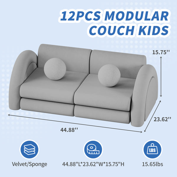 Modular Kids Play Couch, 12PCS Kids Couch with Balls and Tunnel, Kids Couch for Playroom and Bedroom, Kids Modular Couch for Playing, Creativing, Modular Couch Kids