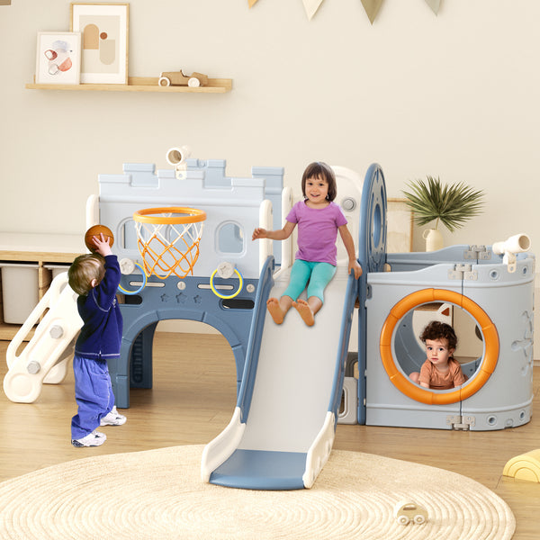 10 in 1 Toddler Slide, Pirate Ship Design Kids Slide for Toddlers Age 1+, with Telescope Basketball Hoop and Ball