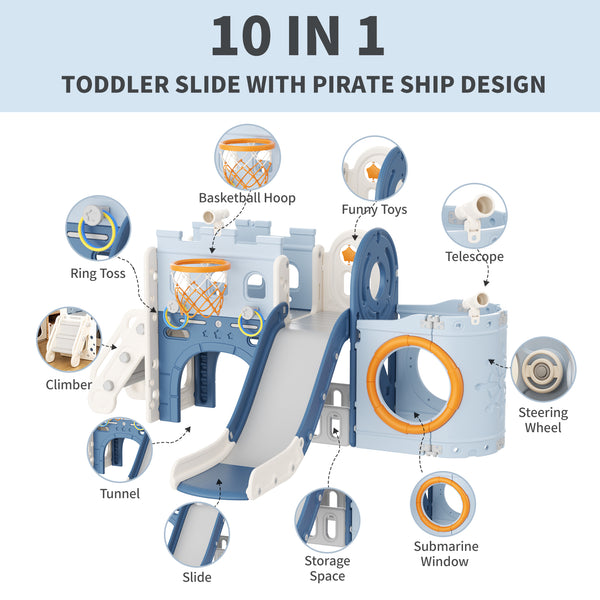 10 in 1 Toddler Slide, Pirate Ship Design Kids Slide for Toddlers Age 1+, with Telescope Basketball Hoop and Ball