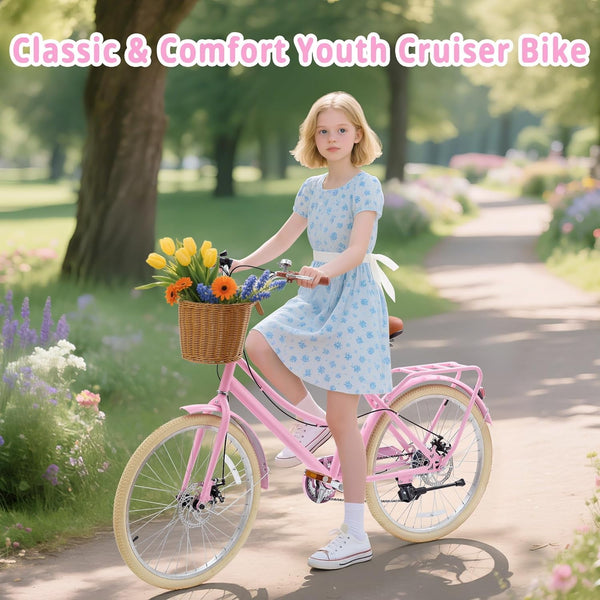 DEYGIA Kids Bike, 20 Inch 7-Speed Retro Cruiser Girl Bike, Kids Bicycles for Ages 6-15 Girls Youth with Rattan Basket, Dual-Disc Brake Carbon Steel Frame Lightweight Bicycle, Easy Assembly
