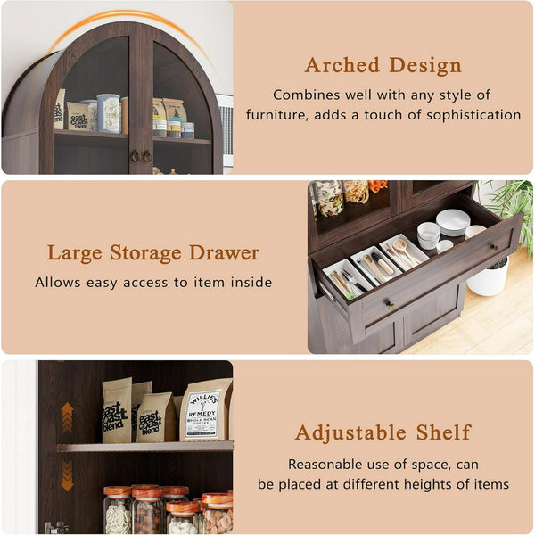 Akaber US 71" Tall Arched Kitchen Pantry Cabinet with Glass Doors, Modern Kitchen Storage Cabinets with Adjustable Shelves and Drawer, Wooden Storage Pantry Cabinet for Living Room, Dining Room