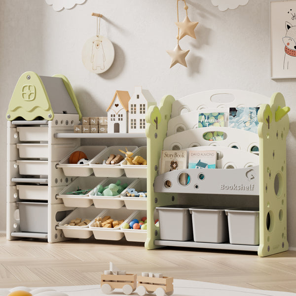 Kids Toy Storage Organizer with 17 Removable Bins, 4-Tier Bookshelf for Kids, Multi-Purpose Castle-Shaped Toy Organizer for Playroom, Bedroom, Nursery
