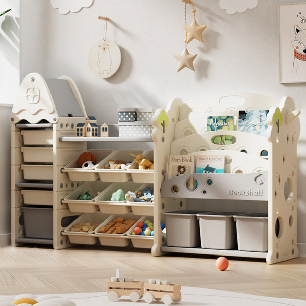 Kids Toy Storage Organizer with 17 Removable Bins, 4-Tier Bookshelf for Kids, Multi-Purpose Castle-Shaped Toy Organizer for Playroom, Bedroom, Nursery