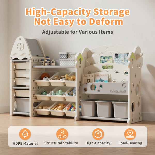 Kids Toy Storage Organizer with 17 Removable Bins, 4-Tier Bookshelf for Kids, Multi-Purpose Castle-Shaped Toy Organizer for Playroom, Bedroom, Nursery, Living Room