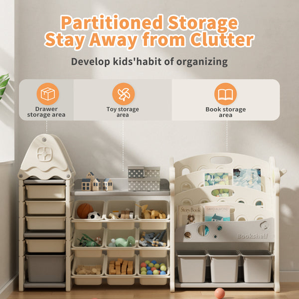 Kids Toy Storage Organizer with 17 Removable Bins, 4-Tier Bookshelf for Kids, Multi-Purpose Castle-Shaped Toy Organizer for Playroom, Bedroom, Nursery, Living Room