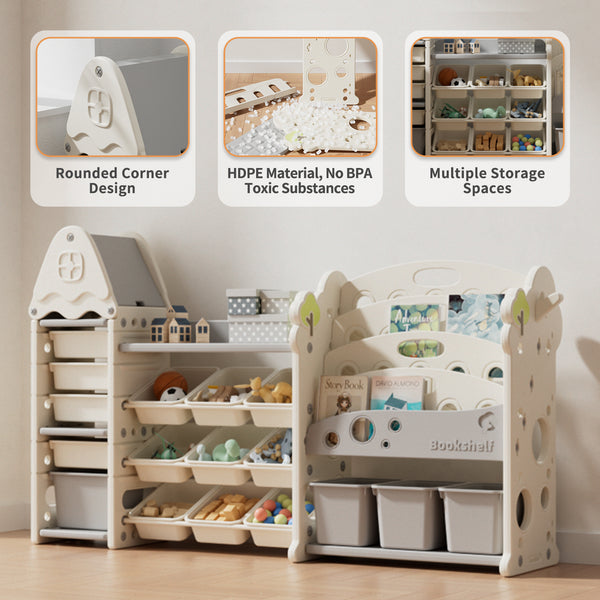 Kids Toy Storage Organizer with 17 Removable Bins, 4-Tier Bookshelf for Kids, Multi-Purpose Castle-Shaped Toy Organizer for Playroom, Bedroom, Nursery, Living Room