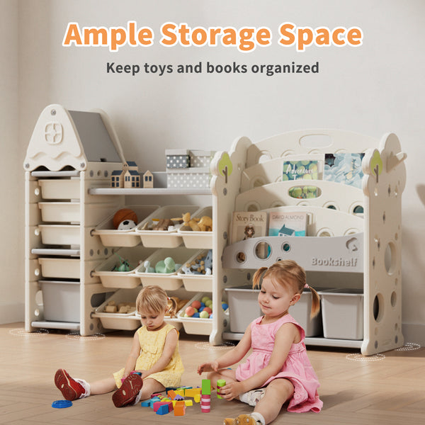 Kids Toy Storage Organizer with 17 Removable Bins, 4-Tier Bookshelf for Kids, Multi-Purpose Castle-Shaped Toy Organizer for Playroom, Bedroom, Nursery
