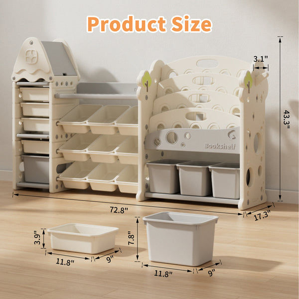 Kids Toy Storage Organizer with 17 Removable Bins, 4-Tier Bookshelf for Kids, Multi-Purpose Castle-Shaped Toy Organizer for Playroom, Bedroom, Nursery, Living Room
