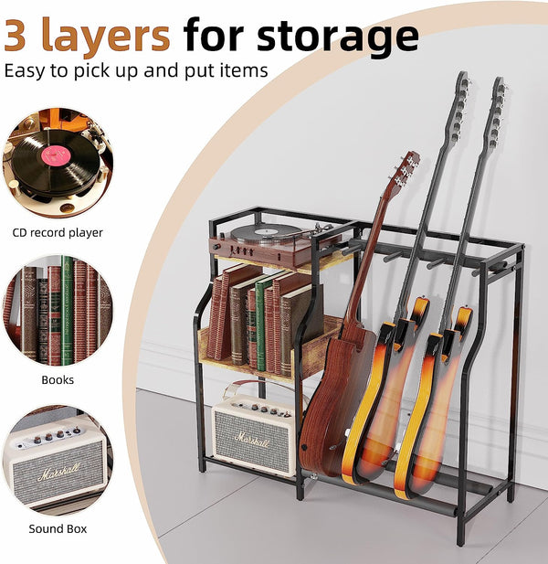 Guitar Stand for 3 Electric or Bass Guitars, Guitar Rack With 3-tier Storage Shelf