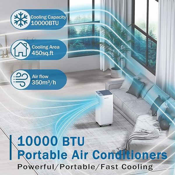 Portable Air Conditioner, 10000 BTU Portable AC Unit with Remote Control, Dehumidifier, Fan, Auto, Sleep Modes, Up to 450 Sq. Ft, 30DB Quiet Portable Air Conditioners with Installation Kits, 24H Timer