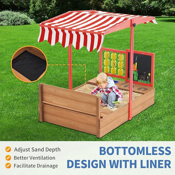 Sandbox with Canopy, 47.2'' Kids Large Wooden Sand Box with Tic-Tac-Toe, Liner, Drawing Board, Sink, Adjustable Roof, Sand Boxes for Backyard Garden, Sand Pit for Beach Patio Outdoor
