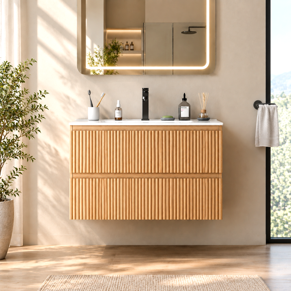NEORIVER 24" Floating Bathroom Vanity with Ceramic Sink, Wall Mounted Modern Vanity with 2 Drawers, White Fluted Sink Cabinet for Small Bathrooms