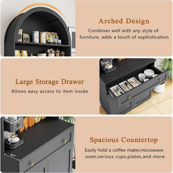 Akaber US 71" Tall Arched Kitchen Pantry Cabinet, Modern Kitchen Storage Cabinets with Hidden Drawer and Spacious Countertop, Wooden Storage Pantry Cabinet for Living Room, Dining Room, Black