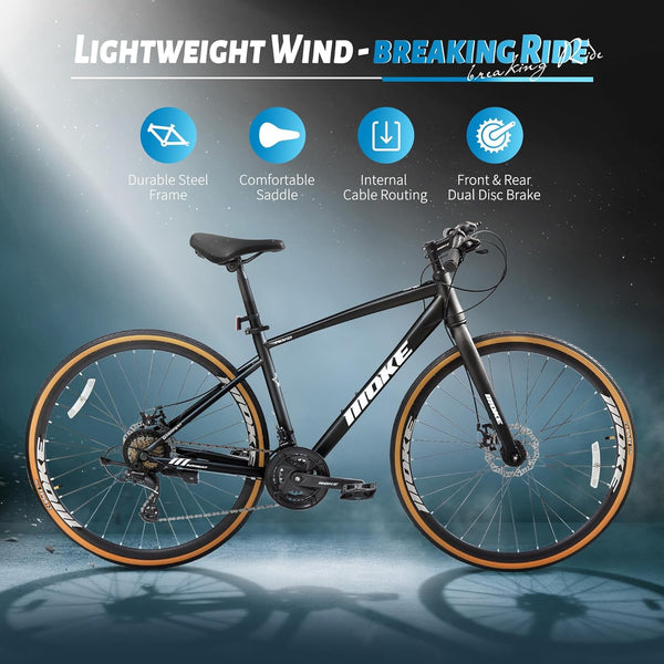 Mens Road Bike, Pipleo 700C 24-Speed Hybrid Bike for Adults, Features Dual Disc Brakes, Trigger Shifting, Internal Wiring & Lightweight Frame for City Commuting