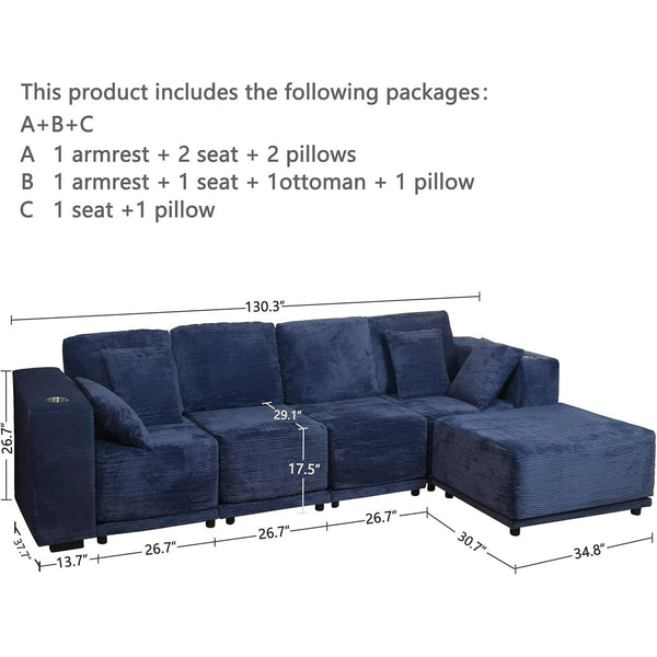 Akaber 130" Modular Sectional Sofa with L-Shape Chaise, 4-Seater Comfy Cloud Couch with Movable Ottoman, Deep Seat Couches for Living Room with Throw Pillows, Lake Blue