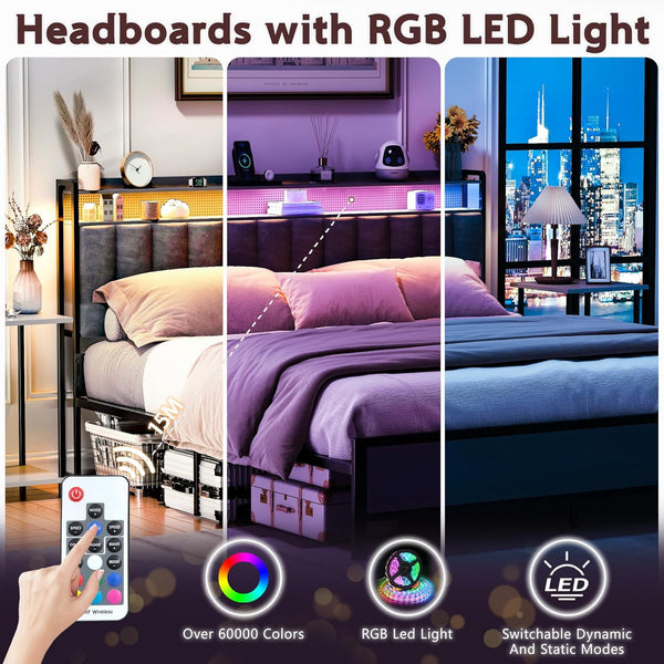 Akaber King Size Headboard only, Upholstered Headboard for Bed with Hidden Storage and Charging Station, LED Lights, Adjustable, Easy Assembly, Black (King (U.S. Standard))