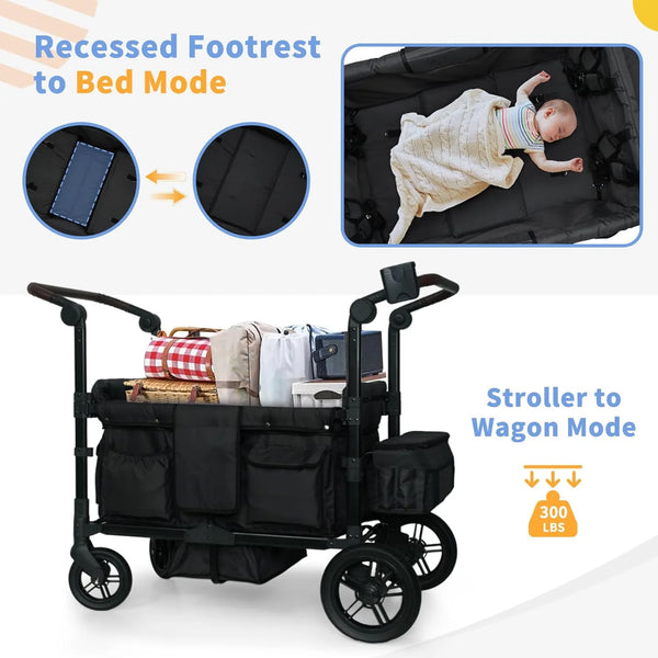 Wagon Stroller for 4 Kids, Linor Stroller Wagon 4 Seater Featuring 4 High Seat with Footwell, 5-Point Harnesses and Adjustable Canopy, Foldable Double Push Bar Baby Wagon for Camping