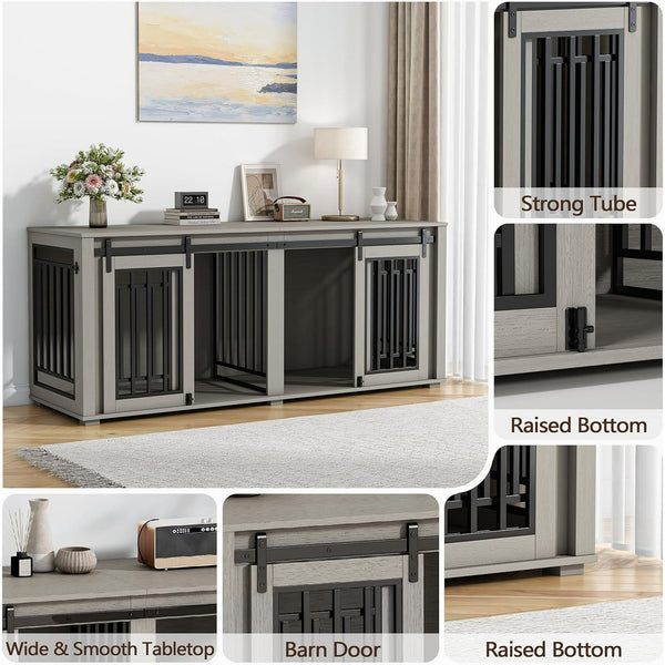 Akaber Large Dog Crate Furniture for 2 Dogs, Upgrade 71" Pro XXL Sliding Door Heavy Duty Dog Kennel Furniture with Divider, Steel Frame Indoor Double Dog Crate for Large Medium Small Dogs, Light Grey