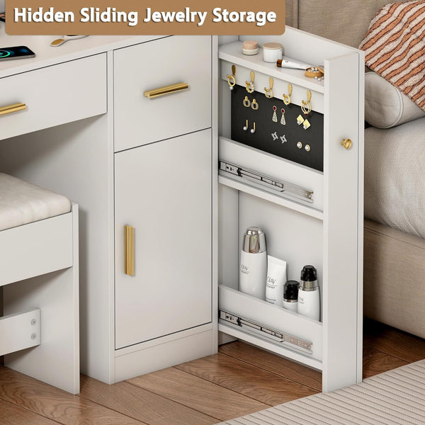 40.6" White Vanity Table with LED Lights White Vanity Desk with 2 Drawers & Power Outlet, Sliding Jewelry Storage