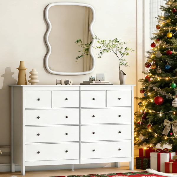 Linor 10 Drawer Dresser, 55" Modern White Dressers, Chest of Drawers, Wooden Wide Dresser for Bedroom, Living Room, White