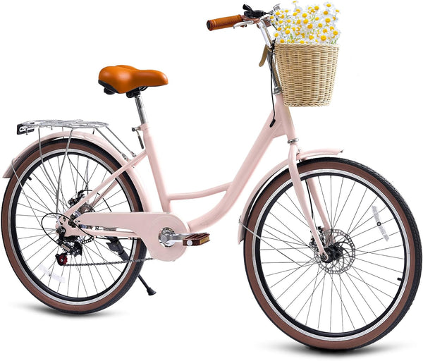 DEYGIA Kids Bike, Cruiser Bike for Girls, 26 inch 7 Speed Kids' Bicycles with Rattan Basket and Adjustable Seat, Lightweight Step Bike for Girls