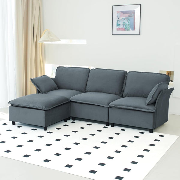 Akaber 100" L-Shaped Cloud Sectional Sofa, Modular Velvet Convertible Sofa Bed with Storage,Plush Living Room Couch (Grey)