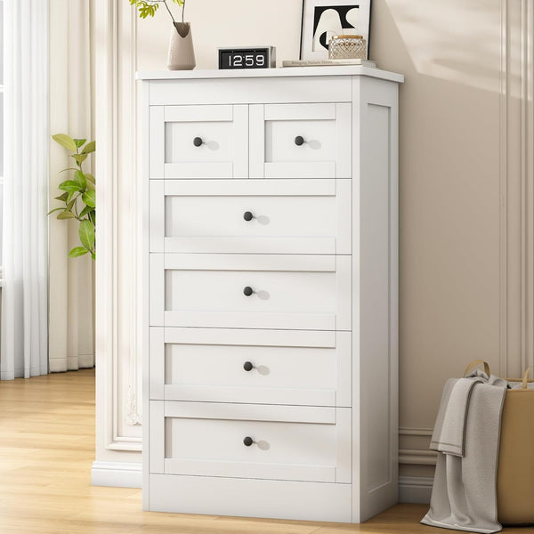 Akaber 6 Drawer Dresser for Bedroom, White Modern 43.3'' Tall Wood Dresser with Anti-Tip Kit, Storage Organizer