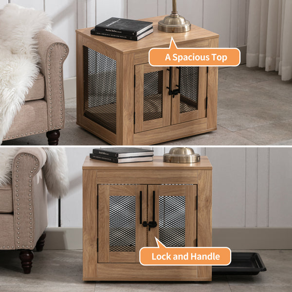 Wooden Dog Crate Furniture with Cushioned Tray and Double Doors - Stylish End Table for Small Dogs and Cats