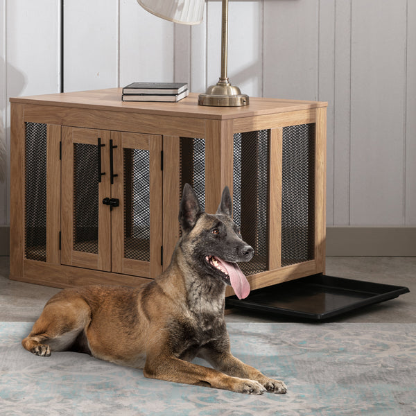 Wooden Dog Crate Furniture with Cushioned Tray and Double Doors - Stylish End Table for Small Dogs and Cats