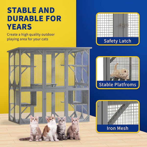 Catio, Extra Large 71'' Outdoor Cat Enclosure with 6 Platforms, Outdoor Cat House with Fir Wood, Weatherproof Kitty Catio with 2 Resting Box