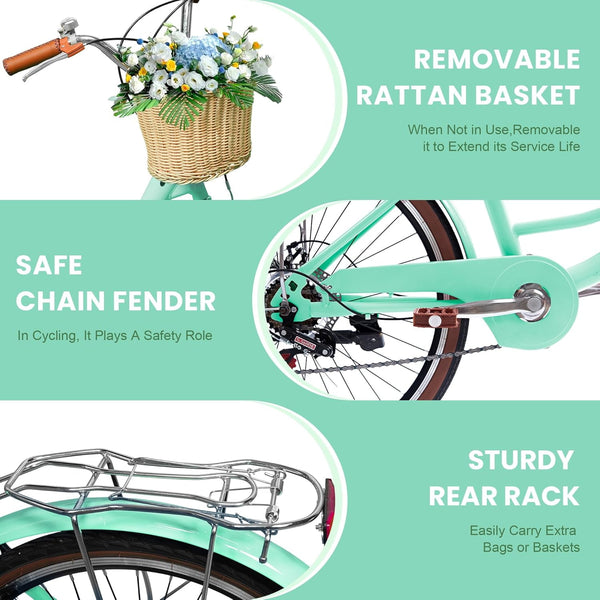 24" Beach Cruisers for Women, Pipleo Bikes for Women with Rattan Basket, 7-Speed & Step-Through Frame