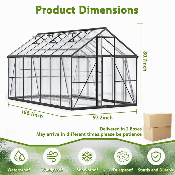 8 x 14Ft Large Outdoor Greenhouse with 2 Vent Window, Aluminum Frame, Sliding Door