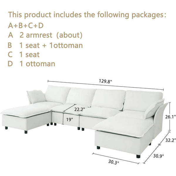 Akaber 130" U-Shaped Cloud Sectional Sofa, Modular Velvet Convertible Sofa Bed with Storage, Plush Living Room Couch(White)