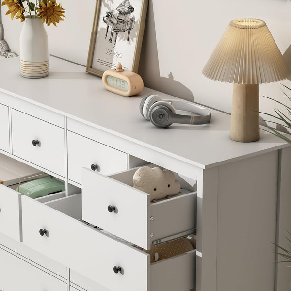 Linor 10 Drawer Dresser, 55" Modern White Dressers, Chest of Drawers, Wooden Wide Dresser for Bedroom, Living Room, White