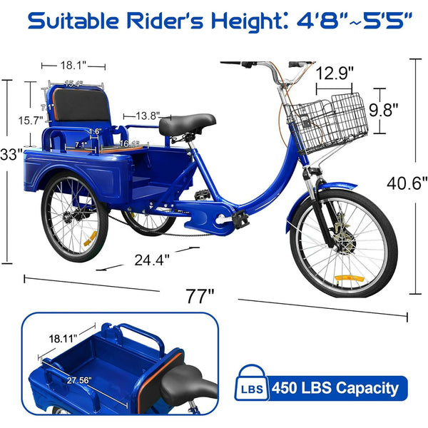 Akaber Adult Tricycle, 20 Inch 3-Wheel Bikes Carrying Passengers and Cargo, Trike for Adults with Front Baskets for Women, Seniors, Men, Low Step-Through Cruiser Bike for Cycling, Outing, Picnic