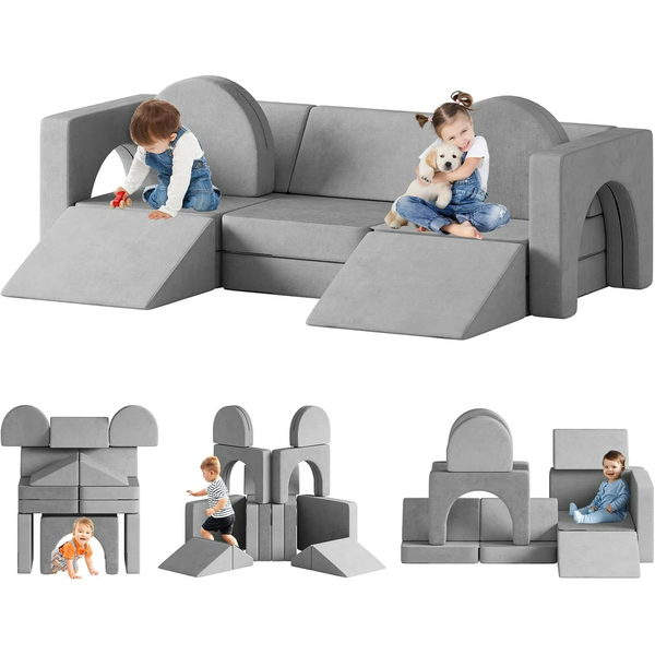 Modular Kids Play Couch 13pcs, Kids Sofa with Climbing Slope, Toddler Couch Kids Couch for Fortplay Bedroom and Playroom, Toddler Couches Fold Out for Boys and Girls, Convertible Foam Couch for Kids