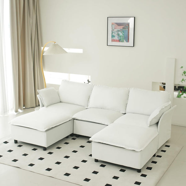 Akaber 100" U-Shaped Cloud Sectional Sofa, Modular Velvet Convertible Sofa Bed with Storage,Plush Living Room Couch (White)