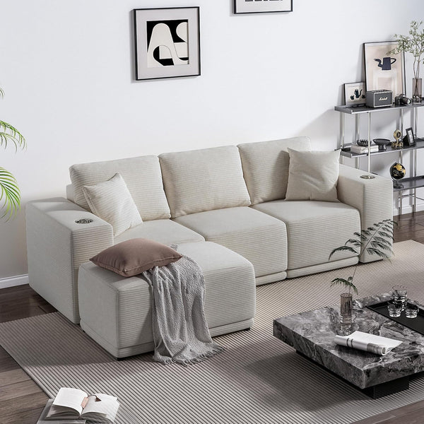 Akaber 101" Modular Sectional Sofa with L-Shape Chaise, 3-Seater Comfy Cloud Couch with Movable Ottoman, Deep Seat Couches for Living Room with Throw Pillows, Beige Grey