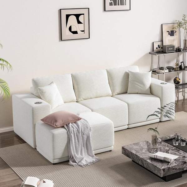 Akaber 101" Modular Sectional Sofa with L-Shape Chaise, 3-Seater Comfy Cloud Couch with Movable Ottoman, Deep Seat Couches for Living Room with Throw Pillows, White