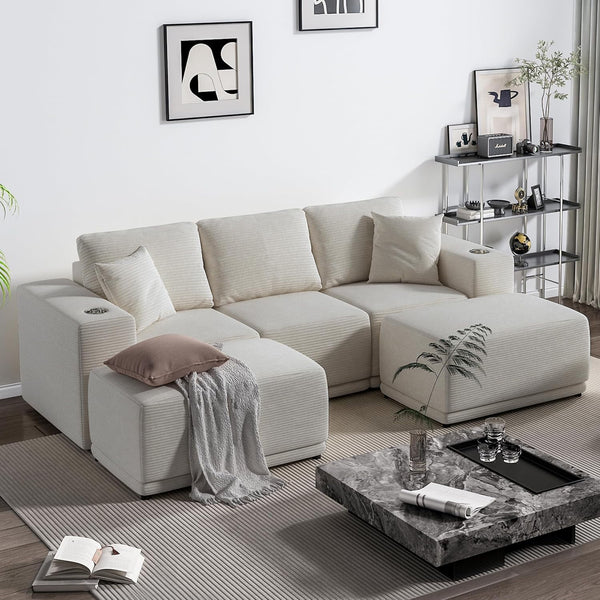 101" Modular Sectional Sofa with L-Shape Chaise, 3-Seater Comfy Cloud Couch with Movable Ottoman, Deep Seat Couches for Living Room with Throw Pillows