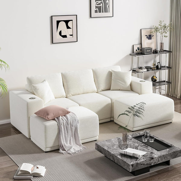 101" Modular Sectional Sofa with L-Shape Chaise, 3-Seater Comfy Cloud Couch with Movable Ottoman, Deep Seat Couches for Living Room with Throw Pillows