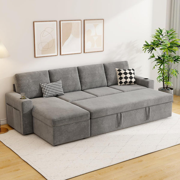 Akaber 103" Sleeper Sofa, L-Shaped Sectional Sofa Bed with Storage Chaise, Reversible 2 in 1 Pull Out Couch with Cup Holders for Living Room, 4-Seater,Grey