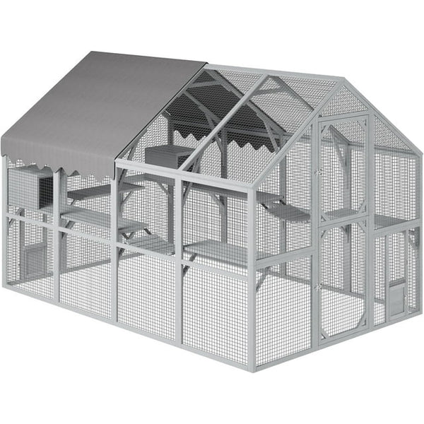 112'' Catio Outdoor Cat Enclosure Super Large Wooden Catios for Cats Patio with Waterproof UV Protection Canopy, Outside Cat Run Enclosure Condon with Platforms, Small Houses, Bridges